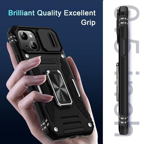 DEERLAMN Case for iPhone 15 with Slide Camera Cover + Screen Protector (2 Packs), Rotated Ring Kickstand Military Grade Shockproof Protective Cover-Black - color: Black