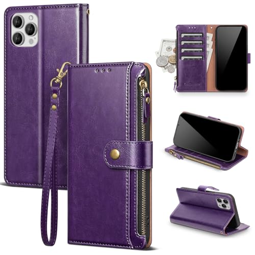 Compatible with iPhone 13 Pro Max Wallet Case with Card Holder RFID Blocking Zipper PU Leather Flip Phone Case with Wrist Strap Credit Card Slots Men Women,for Apple 13 Pro Max,Dark Purple - color: Dark Purple, size: iPhone 13 Pro Max - 6.7