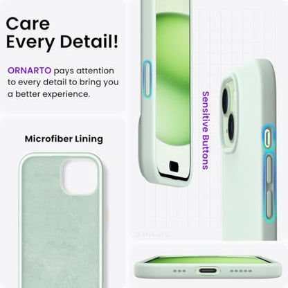 ORNARTO Compatible with iPhone 15 Case 6.1, Slim Liquid Silicone 3 Layers Full Covered Soft Gel Rubber Phone Case, Anti-Scratch Shockproof Protective Cover 6.1 Inch, Light Green - color: Light Green