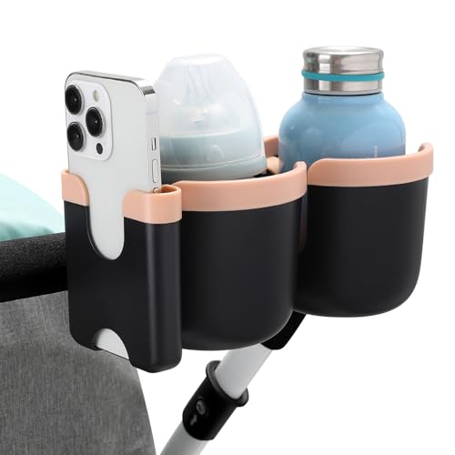 Accmor Stroller Cup Holder with Phone Holder, Bike Cup Holder, Universal Cup Holder for Uppababy Nuna Strollers, 2-in-1 Drinks Holder for Walker, Wheelchair, Scooter - color: Double Holder-Pink