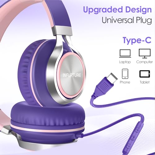 INFURTURE USB C Headphone for Kids & Adults Over-Ear Headphone with HD Mic - color: Pink-purple