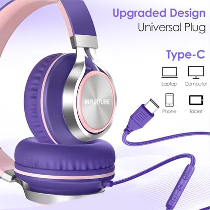 INFURTURE USB C Headphone for Kids & Adults Over-Ear Headphone with HD Mic - color: Pink-purple