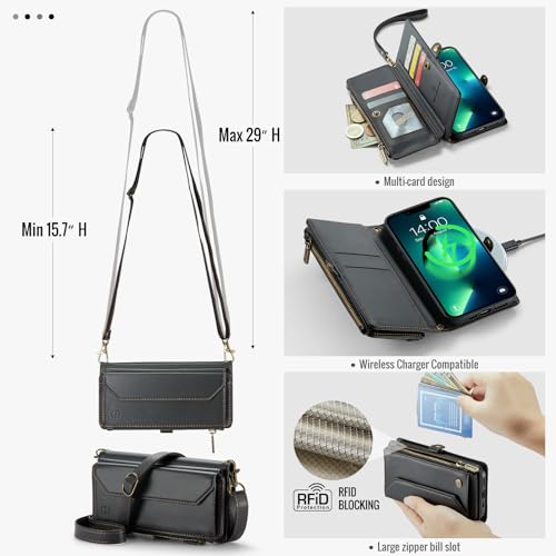 Strapurs Wallet Case Compatible with iPhone 13 Pro RFID Blocking 7-Card Holder Soft PU Leather Magnetic Snap Shoulder Strap Zipper Pocket Phone Case Fit for iPhone 13 Pro 6.1" - Black | RFID Blocking 7-Card Holder, Shoulder Lanyard, Wirst Strap, Zipper Po