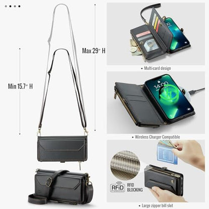 Strapurs Wallet Case Compatible with iPhone 13 Pro RFID Blocking 7-Card Holder Soft PU Leather Magnetic Snap Shoulder Strap Zipper Pocket Phone Case Fit for iPhone 13 Pro 6.1" - Black | RFID Blocking 7-Card Holder, Shoulder Lanyard, Wirst Strap, Zipper Po