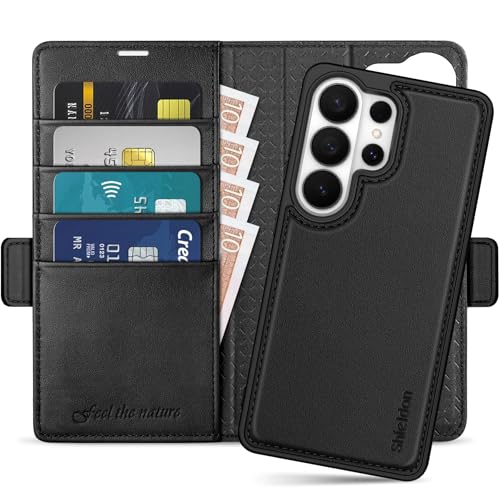 SHIELDON Detachable Leather Wallet Case for Galaxy S26 Ultra 6.9", Black | Genuine Leather, RFID Blocking, Credit Card Holder, Magnetic Closure, Kickstand, 2 in 1 Folio Design, Full Protection Cover - color: Black