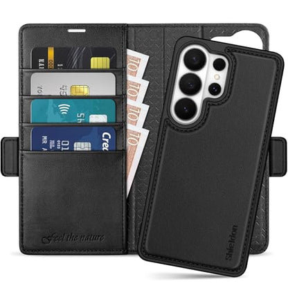 SHIELDON Detachable Leather Wallet Case for Galaxy S26 Ultra 6.9", Black | Genuine Leather, RFID Blocking, Credit Card Holder, Magnetic Closure, Kickstand, 2 in 1 Folio Design, Full Protection Cover - color: Black