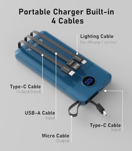 Portable Charger with 4 Built-in Cables, 10000mAh Power Bank, Blue - color: Blue