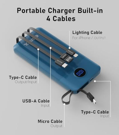 Portable Charger with 4 Built-in Cables, 10000mAh Power Bank, Blue - color: Blue