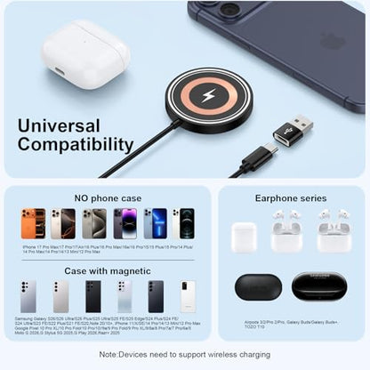 Magnetic Wireless Charger Pad for Samsung Galaxy S26 Ultra S26+ S26 S25 Ultra S24 FE S23,15W Magnet Wireless Fast Charging Station MagSafe Charger for iPhone 17 Pro Max 16Plus 15 14 13,Google Pixel 10 - color: black