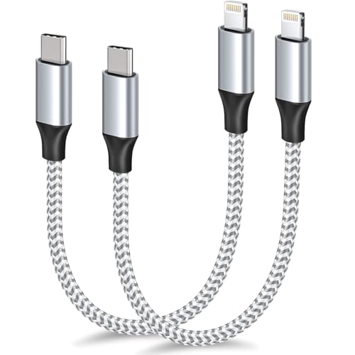 Fushok 1ft USB C to Lightning Cable Short, 2 Pack PD MFi Certified, 12 Inch Fast Charging Type C to Lightning Cord Nylon Braided for iPhone 14/13/12/11 Pro/X/XR/XS/8/7/6s/Plus - color: Silver-1FT