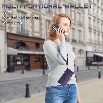 for iPhone 16e/17e Case Wallet,Compatible with MagSafe Magnetic 2 in 1 Magnetic Detachable PU Leather RFID Blocking Wallet Cover Card Holder Zipper Wrist Strap Lanyard,Floral Purple - color: Purple