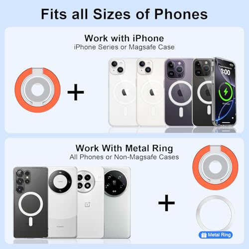 MagSafe Phone Grip Holder Dual-Sided Magnetic Finger Ring Stand for iPhone - color: orange