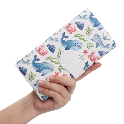 GOIACII Women's Wallet RFID Blocking Large Capacity Card Holder Ladies Phone Clutch Travel Long Purse Whale Print - color: Z02 Whale Print White