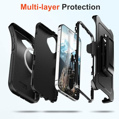 TUTUKII Magnetic for iPhone 17 Case with Belt Clip Holster (Black) | MagSafe Compatible, Heavy-Duty Military-Grade Drop Protection, 3-Layer Rugged Shockproof Protective Cover 6.3-Inch - size: iPhone 17 6.3“