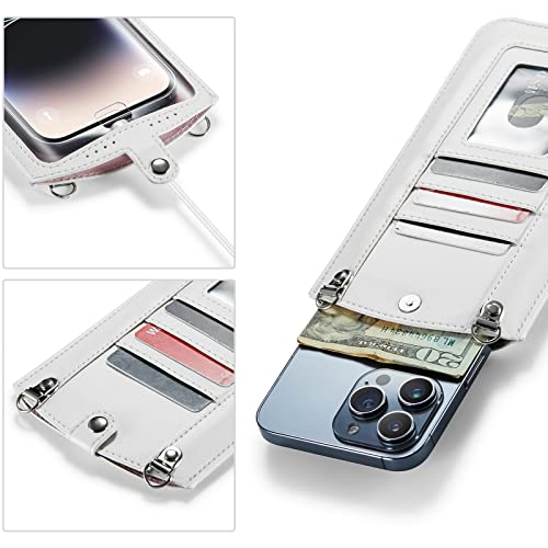 Small Crossbody Bag Cell Phone Purse for Women Men Leather Mini Shoulder Bag Wallet Case with Card Holder Slot Necklace Lanyard for All Smartphones iPhone Samsung Google Moto up to 7.3" White - color: White