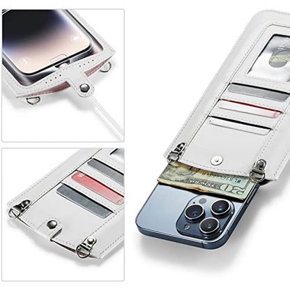 Small Crossbody Bag Cell Phone Purse for Women Men Leather Mini Shoulder Bag Wallet Case with Card Holder Slot Necklace Lanyard for All Smartphones iPhone Samsung Google Moto up to 7.3" White - color: White