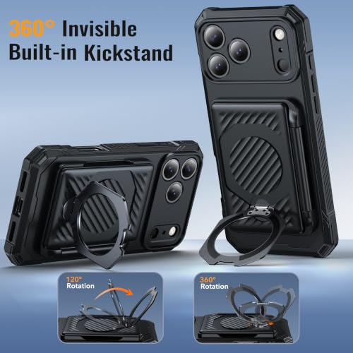 for iPhone 17 Pro Wallet Case With 4-5 Card Holder, 360° Stand - color: Black, size: iPhone 17 Pro