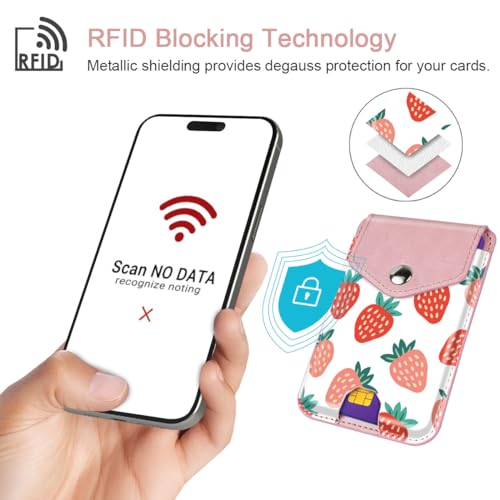 Self Adhesive Card Holders for Back of Phone, Leather RFID Phone Wallet Pockets with Snap, Card Holders Sleeve for Phone Case, Strawberry - color: Strawberry Pattern