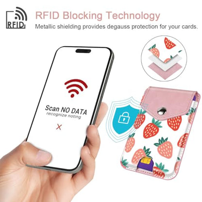 Self Adhesive Card Holders for Back of Phone, Leather RFID Phone Wallet Pockets with Snap, Card Holders Sleeve for Phone Case, Strawberry - color: Strawberry Pattern