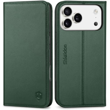 SHIELDON Genuine Leather Wallet Case for iPhone 17 Pro Max 6.9", Evergreen | RFID Blocking, Credit Card Holder, Magnetic Closure, Kickstand, Folio Design, Full Protection, Shockproof Phone Cover - color: Evergreen
