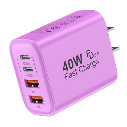 TT&C USB C Charger Block, 40W 4 Ports Wall Charger for iPhone 17,16,15,14 - color: Purple 1Pack