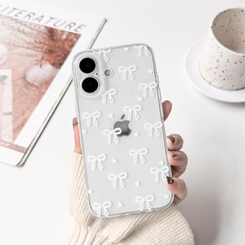 NITITOP Compatible with iPhone 16 Case Clear Cute Bow Ribbon Love Heart Pattern for Women Girls Bowknot Full Camera Lens Soft TPU Slim Shockproof Protective Cover - White - color: White, size: iPhone 16