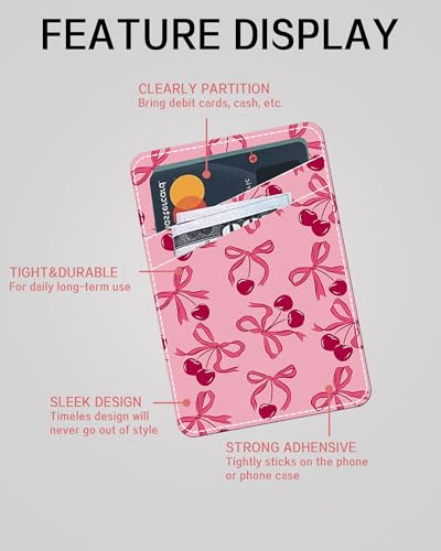 Phone Card Holder Leather, Dual Pocket Phone Wallet Adhesive Stick On, Cute Phone Case Credit Card Holder, Suitable for Most of Phones Pink Cherry Bow