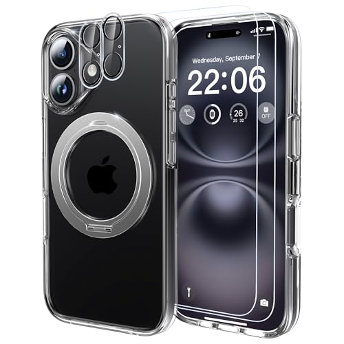 Diverbox for iPhone 16 Case Clear [Compatible with MagSafe] [with Screen Protector + Camera Lens Protection ] with Magnetic Ring Kickstand Phone case for iPhone 16 (Clear Magnetic Ring) - color: Clear magnetic ring, size: For iphone 16