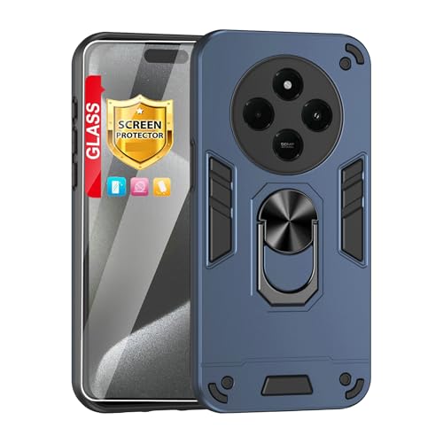 Compatible with Xiaomi Redmi A4/Poco C75/Redmi A3 Pro/14C 4G Phone Case Cover Built-in Stand Shockproof and Drop-Proof [with Tempered Glass Screen Protector] Blue - color: HY-GZS-blue, size: Xiaomi Redmi A4/Poco C75/Redmi A3 Pro/14C 4G