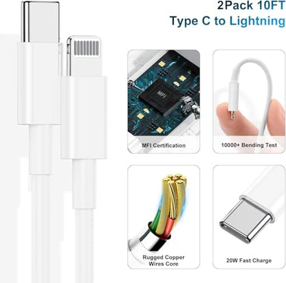 for iPhone Charger Fast Charging 10 FT, Long USB C to Lighting Cable 10 Foot with 20W USB C Rapid Phone Charger Block, Compatible with iPhone 14 Pro/13Pro Max/12/11Pro/Mini, 2 Pack-White - color: White, size: 10FT+10FT
