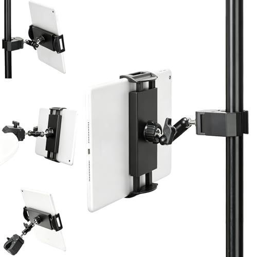Adjustable Tablet Mount, 360° Rotating iPad Holder for Treadmill Spin Bike Stroller Wheelchair Golf Cart, Pole Clamp Mount for 4.7"-12.9" Tablets Phones