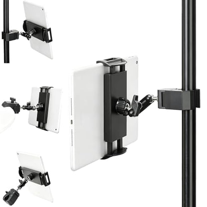 Adjustable Tablet Mount, 360° Rotating iPad Holder for Treadmill Spin Bike Stroller Wheelchair Golf Cart, Pole Clamp Mount for 4.7"-12.9" Tablets Phones