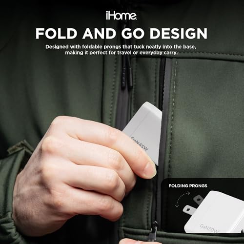 iHome GaN Universal USB-C Charger Block, Power Delivery, Folding Prongs, Compact Travel Design for Phones, Tablets & USB-C Devices (White, 45W) - color: White, size: 45W