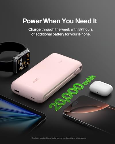 Belkin 20000mAh 30W USB C Power Bank, Portable Charger for iPhone & iPad - color: Pink, style: 20K mAh