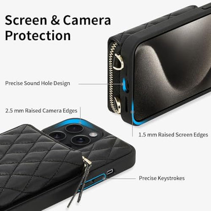LAMEEKU Compatible with iPhone 13 Pro Wallet Case, Quilted Leather Crossbody with Chain Strap for Women Shockproof Cover 6.1 Inch-Black - color: Black-01, size: iPhone 13 Pro 6.1"