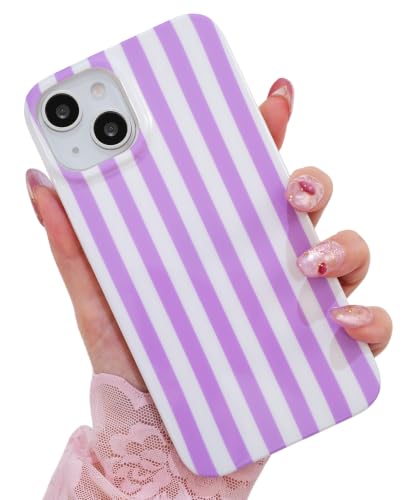 Striped case for iPhone 13/14 Purple/White | Aesthetic Striped，Full Protection Soft TPU，will not peel, fade or rub off ，Kawaii Cute Phone Case for Women Girls - color: Imd Striped Purple/White