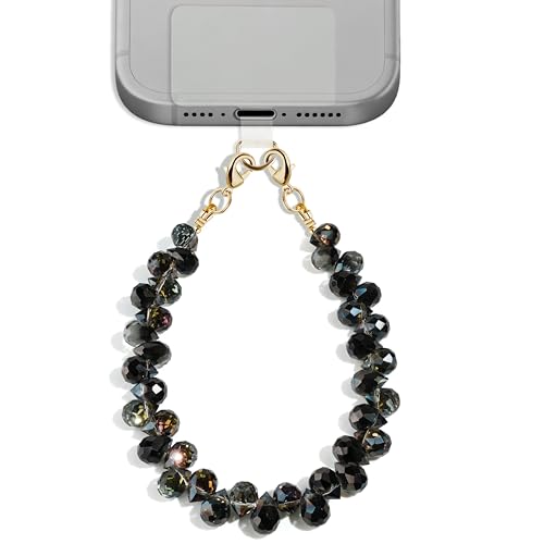 Natural Stone Beaded Phone Wrist Strap for Women, 304 Steel Core - color: Black Purple