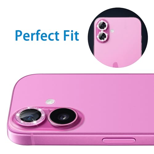 Designed for iPhone 16 and 16 Plus Camera Lens Protector, Bling Glitter Diamond Lens Cover 9H Tempered Glass Camera Cover Anti Scratch Shockproof Screen Protector - color: Pink Glitter