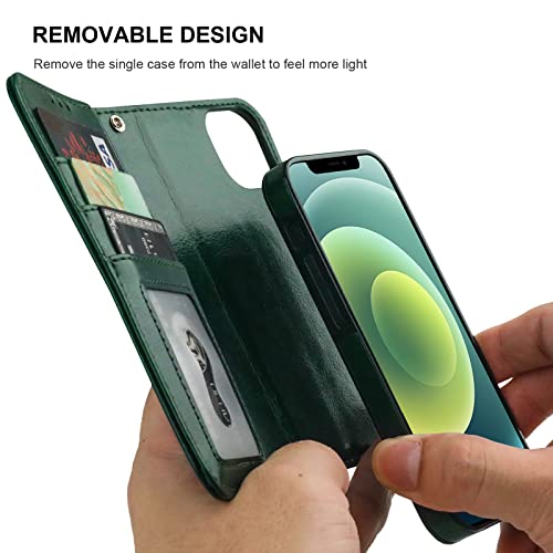 Bocasal Detachable Wallet Case Card Holder for iPhone 12/12 Pro, Green | Kickstand Card Slots Holder PU Leather Magnetic Shockproof Wrist Strap Removable Flip Protective Cover 6.1 inch - color: Green
