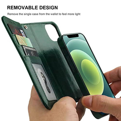 Bocasal Detachable Wallet Case Card Holder for iPhone 12/12 Pro, Green | Kickstand Card Slots Holder PU Leather Magnetic Shockproof Wrist Strap Removable Flip Protective Cover 6.1 inch - color: Green