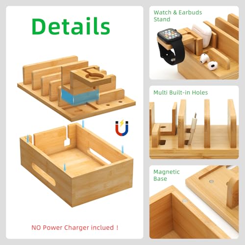 Bamboo Charging Station with Watch Stand, Desktop Charging Station Organizer, Wood Docking Station for Phones, Tablets, Watch, Earbuds (No Power Supply)