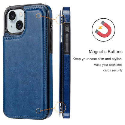 Wallet Case Compatible with iPhone 15,Slim Protective case with Card Holder,Premium PU Leather Kickstand Card Slots Case with 1 Screen Protective Glass for iPhone 15 (6.1")-Deep Blue - color: Deep Blue