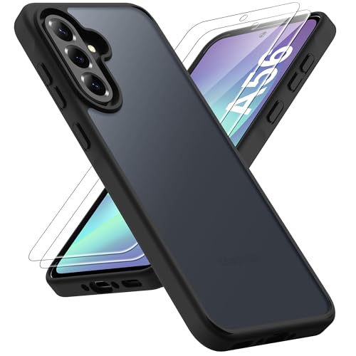ORETECH for Samsung Galaxy A36 Phone Case, Samsung Galaxy A56 Case with 2 Pack HD Screen Protector, Translucent Matte Back Military Grade Shockproof Anti-Fingerprint Protective Cover - Black - color: Translucent Back - Black, size: Samsung Galaxy A36/A56