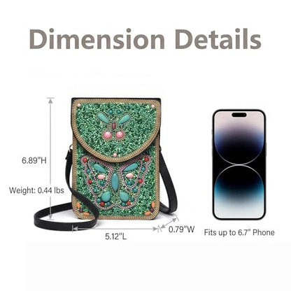 Small Crossbody Bags for Women, Cell Phone Shoulder Bag Boho Wallet Purse - color: Green Butterfly
