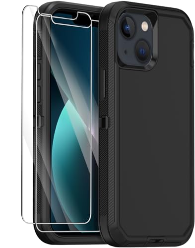 for iPhone 13 Case with 2 Screen Protector,Shockproof Drop Protection Full Body Heavy Duty 3 Layer Military Rugged Durable Phone Cover for Apple iPhone 13 6.1" (Black) - color: Black