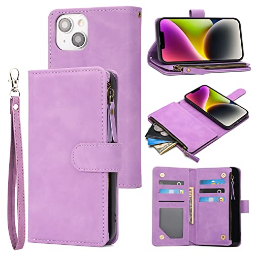 RANYOK Wallet Case Compatible with iPhone 13/14 (6.1 inch), Premium PU Leather Zipper Flip Folio Wallet RFID Blocking with Wrist Strap Magnetic Closure Built-in Kickstand Protective Case (Purple) - color: Purple