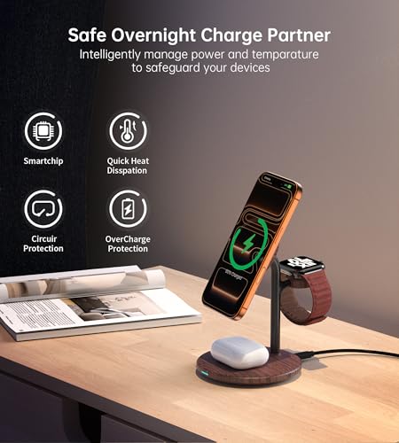 3 in 1 Magnetic Wireless Charging Station for Apple Devices,15W for Magsafe - color: Brown Woodgrain