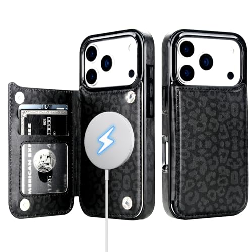 HAOPINSH Wallet Case for iPhone 17 Pro, Compatible with MagSafe Wireless Charging, Black Leopard Cheetah Pattern Back Flip Folio Leather Kickstand Card Slots Case Double Magnetic Clasp Cover 6.3" - color: Black Leopard for MagSafe