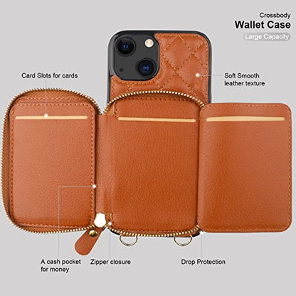 Bocasal Crossbody Wallet Case Card Holder for iPhone 13, Brown | RFID Blocking PU Leather Zipper Handbag Purse, Kickstand Flip Folio Case with Card Slots Holder Wrist Strap Lanyard 6.1 Inch - color: Brown