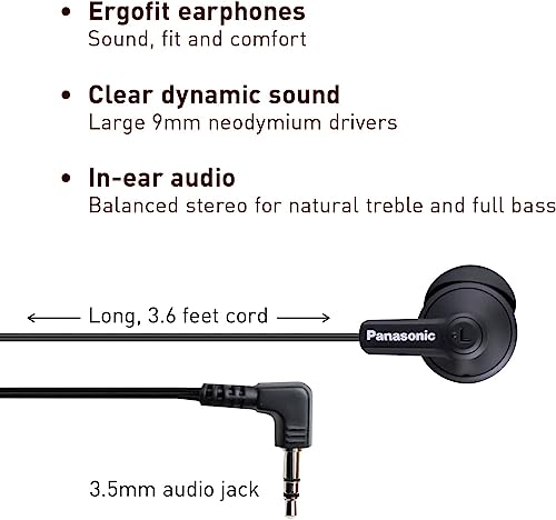 Panasonic ErgoFit Wired Earbuds, In-Ear Headphones with Dynamic Crystal-Clear Sound and Ergonomic Custom-Fit Earpieces (S/M/L), 3.5mm Jack for Phones and Laptops, No Mic - RP-HJE120-KA (Matte Black) - color: Matte Black, size: S/M/L, style: No Mic